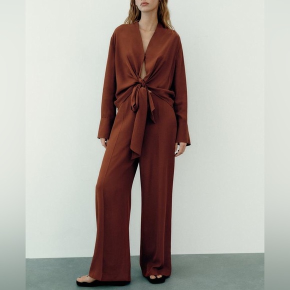 NWT Rust Zara coord matching set blouse and flowy pants size Medium - Picture 1 of 10